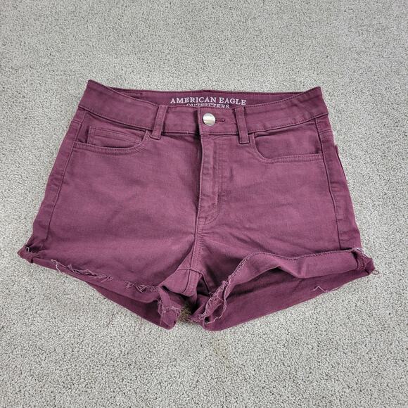 American Eagle Denim Cut Off Shorts Womens 8 Purple Red Stretch Hi Rise Raw Hem - Picture 1 of 16